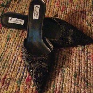 Black heels/satin/beaded mules